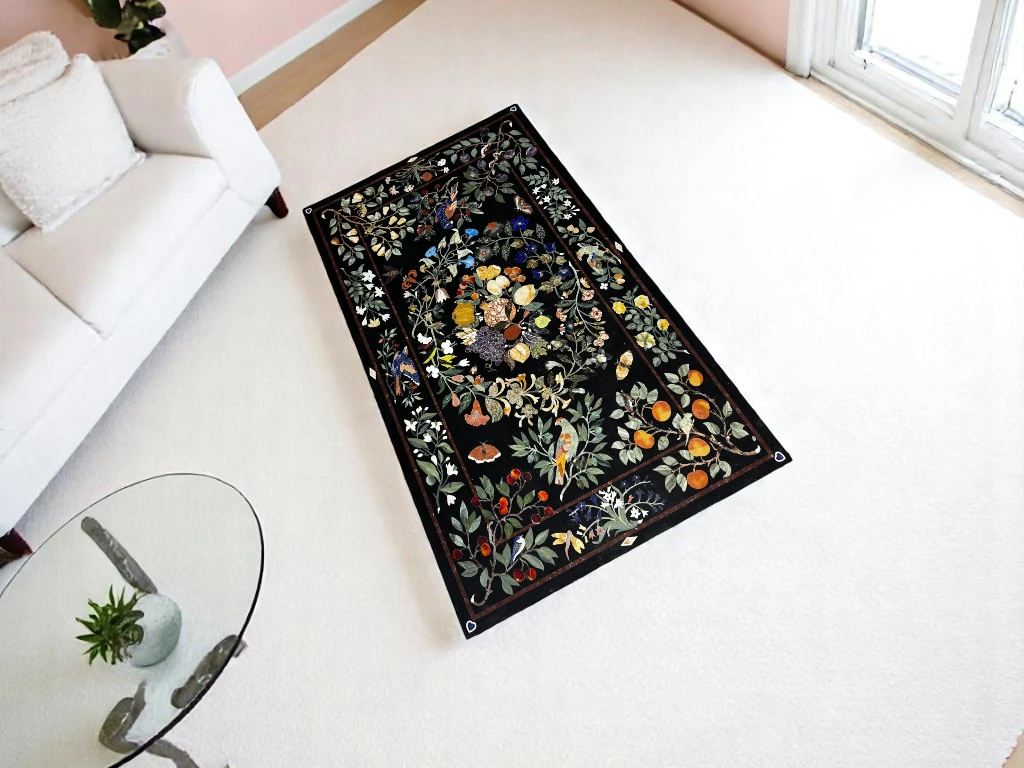 Floral Pietra Dura Black Marble Rectangle Dining Table Top Furniture